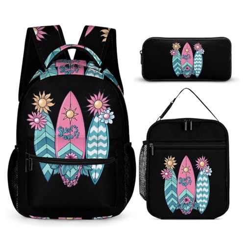 Beach Surfing 3 PCS Backpack Set Casual Daypack with Insulated Lunch Bag & Pencil Case