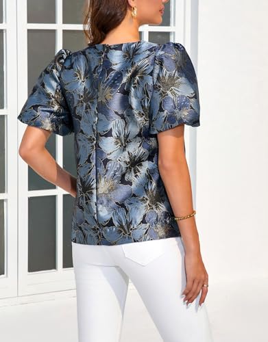 Kedera Women's Floral Jacquard Shirt Crewneck Puff Sleeve Blouse Elegant Work Shift Tops3