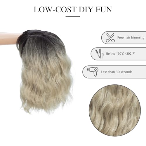 Image of Rose bud Wavy Bob Wig with Bangs Natural Ombre Blonde Wig Synthetic Hair Shoulder Length Short Curly Wigs for Women