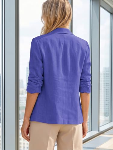Image of Mina Self 2026 Summer Women's Linen Blazer Jacket - Lightweight Breathable 3 /4 Stretchy Ruched Sleeve Casual Work with Pocket