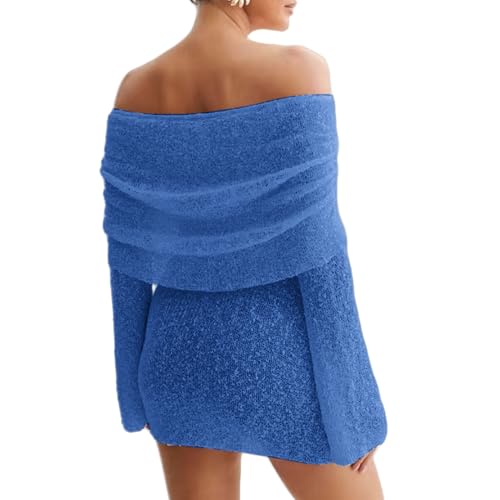 Womens Elegant Off The Shoulder Knit Sweater Dress Sheer Flare Long Sleeve Cute Mini Dress4