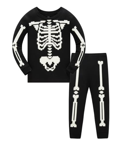 Akyzic Girls Halloween Pajamas Skeleton Glow in the Dark Long Sleeve Cotton Jammies Kids Halloween Pajamas Sets 4T