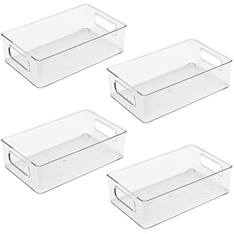 HEIHAK Set of 4 Clear Fridge Organisers Bins, Stackable Fridge Storage Organiser with Handle, Plastic Kitchen Pantry Organiser Boxes Storage Container for Refrigerator, Pantry, Cupboard Cover