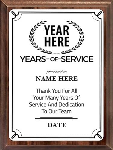 Crown Awards 6x8 Years of Service Predesigned Template Wood Plaque with White Metal Plate Prime