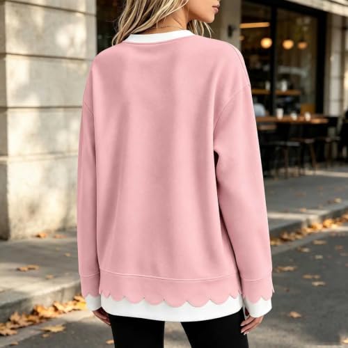 Scalloped Edge Sweatshirt Casual Crew neck Pullover Oversized Tops | Casual long sleeve pullover with scalloped hem, contrast trim, loose fit; cozy for fall work, travel, daily wear - image 3