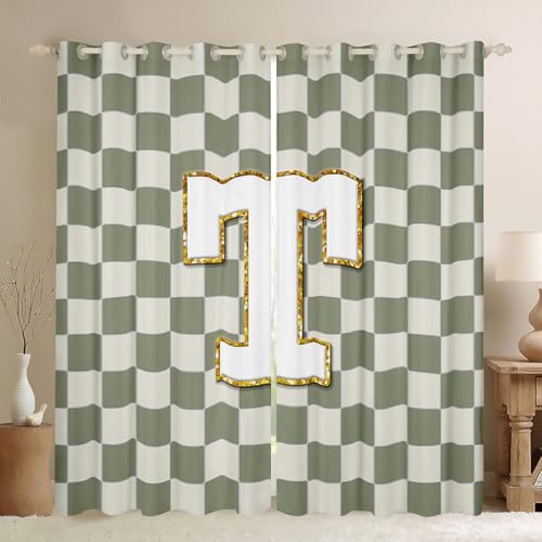 Image of Erosebridal Sage Green Checkered Window Curtains 38 inch Wx54 L Plaid Initial T Blackout Curtains for Bedroom Living Room,Personalized Monogram Window Treatments Grids Gingham Drapes Decor 2 Panels