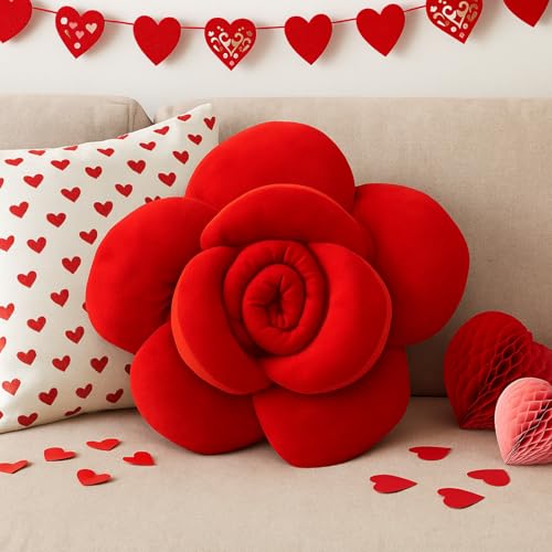 Beeveer 3D Red Rose Flower Pillow Valentine's Day Flower Shaped Throw Rose Pillow Decorative Romantic Plush Lumbar Support Cushion for Women Wife Mom...