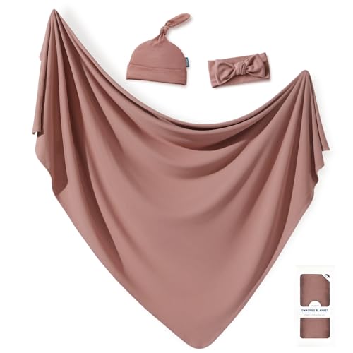 Image of GRSSDER Newborn Swaddle Blanket, Ultra Soft Jersey Receiving Blanket with Matching Headband and Beanie Set, 47×47" Extra Large Nursery Swaddle Wrap for Girls and Boys