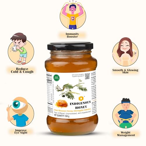 Image of INDIGENOUS HONEY Raw Khair Honey Pure Unfiltered 17.64 oz Glass Jar | Real Natural Unprocessed Unpasteurized Unheated Honey Pack of 1