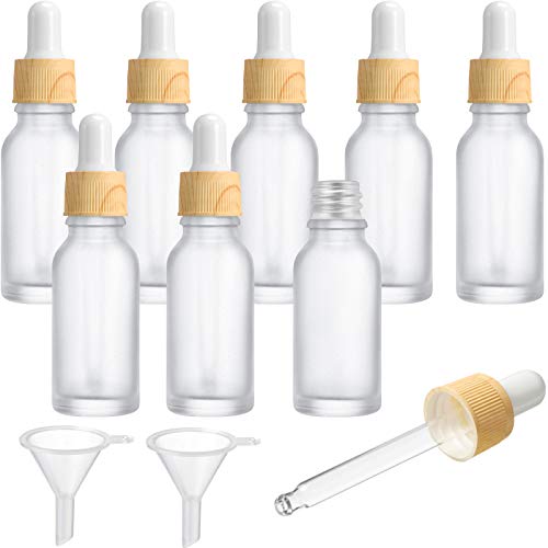 8 Pieces Frosted Glass Dropper Bottles Essential Oil Bottles with Eye Dropper and Bamboo Lids Perfume Sample Bottles Essence Liquid Cosmetic Containers and 2 Pieces Funnel (20 ml  0.7 oz)