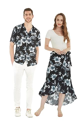 Matchable Couple Hawaiian Luau Shirt or Wrap Skirt in Midnight Bloom