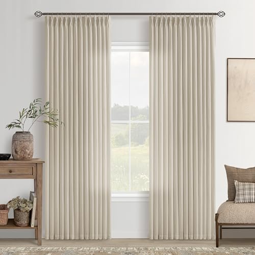 Image of Oatmeal Pinch Pleated Semi Sheer Linen Curtains 80 Inch Long for Bedroom