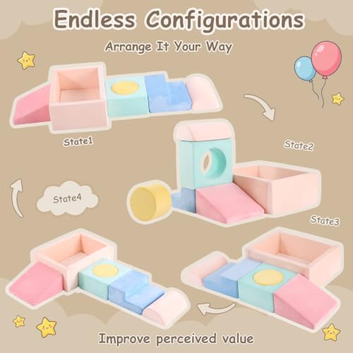 Image of Tiita Baby Climb and Crawl Playset 5-Piece, Kids Foam Climbing Block with Small Ball Pit - Indoor Soft Play Climber for Playtime Fun, Grey Star, Multicolor