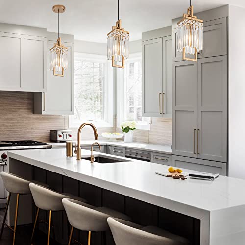 Lighceac [3-Pack] Modern Gold Pendant Light Fixtures For Kitchen Island And Dining Room, Industrial Small Hanging Crystal Chandelier Light Fixture For Bedroom Entryway Living Room Foyer Hallway #TOP3