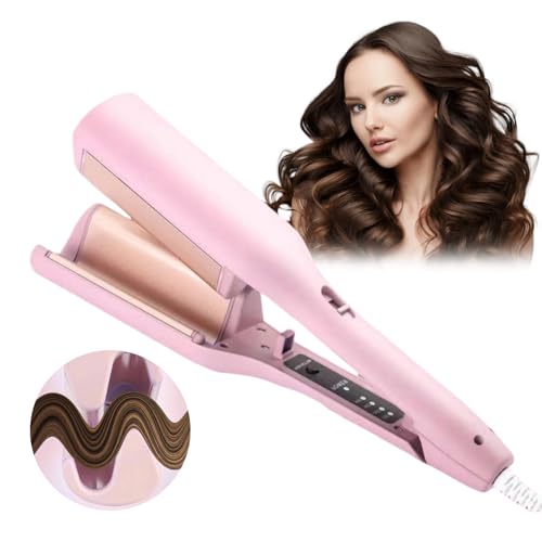 French Wave Curling Iron Crimper, Hair Waver Wand Double Barrel Curler Women Girl, 32mm Deep Crimpers for Mermaid Beach Hair, Egg Roll Wavers Styler Care Tool 4 Temp for Short Medium Long(Pink)
