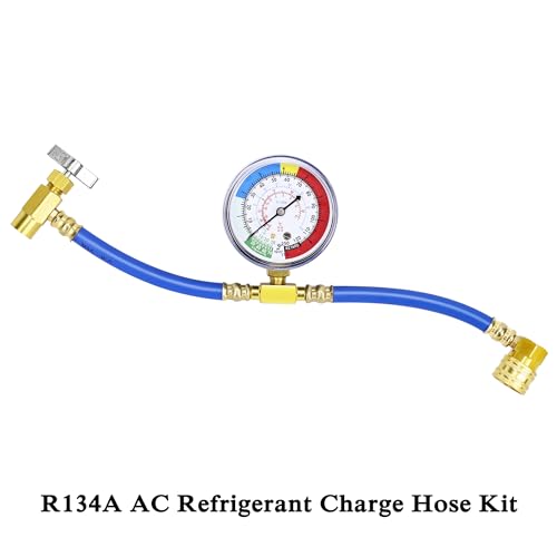 Image of Refrigerator Freon Recharge Kit, R134A AC Refrigerant Charge Hose Set with Pressure Gauge,1 /2 inch Acme, A /C Recharge Measuring U-Hose Can Tap, Perfect for Car AC Air Conditioning Refrigerant