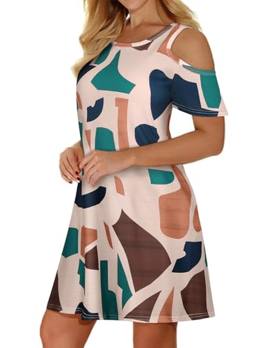 Image of Misyula Style Womens Summer Cold Shoulder Floral Flowy T-Shirt Dress with Pockets