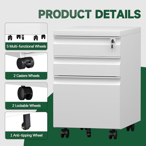 Image of 3 Drawer File Cabinet, Metal Printer Stand with Roling Caster, Under Desk Storage for Home Office, File Cabinet with Lock, No Assembly Required, White