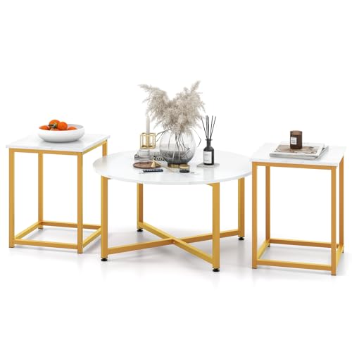 Giantex Round Nesting Table Set of 3, Modern Faux Marble Coffee Table w/2 End Tables, Sturdy Metal Frame, 3-Piece Wooden Living Room Table Set for Home Office, Apartment (White & Gold) - Image 9