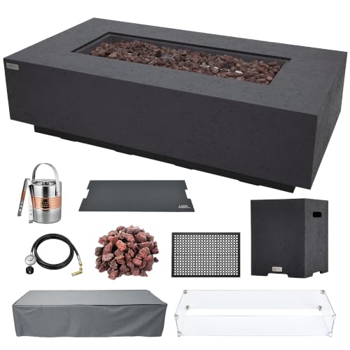 Image of AMS Creations | Madison 60 inch Bundle Rectangular Propane Gas Outdoor Fire Pit Table | Dark Gray Concrete GFRC | Limestone Texture or Surface | Electronic Ignition | Outside Backyard Fireplace