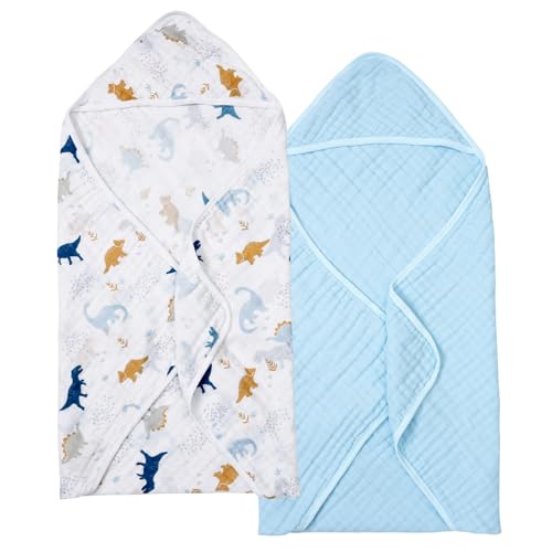 Image of PHF 2 Pack Baby Hooded Towels, 100% Muslin Cotton Baby Bath Towel with Hood for Newborn, Infant, Toddler, Ultra Soft and Absorbent Baby Essentials Bath Towels for Boys, 32x32Inch, Dinosaur