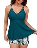 Picture of Hanna Nikole Tankini Swimsuits for Women Tummy Control Bathing Suits Scallop Trim V Neck Swim Suits with Shorts Blue Green