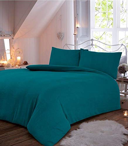 EHD Plain Flannelette 100% Natural Brushed Cotton Luxurious Duvet Cover Sets Reversible Bedding Sets With Matching Pillowcases (Teal, Single)