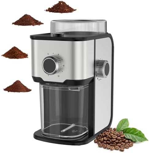 Ollygrin black and silver compact electric burr coffee grinder with a cup quantity dial
