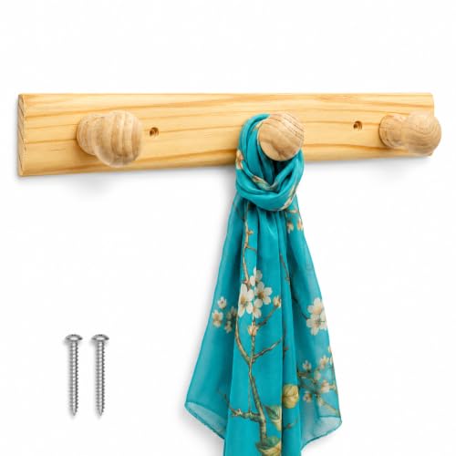 Perchero de madera pared para atornillar, Colgador de pared de ropa, Percha de pared clasica, Soporte para colgar de madera, 35.5 cm ancho x 5 cm alto, Madera, 3 pomos