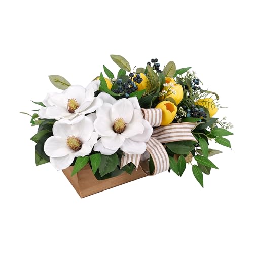 Spring Easter Flowers Centerpiece for Table, 20" L Lifelike Artificial Magnolia Tulip in Rectangular Wood Box, Lush Spring Faux Floral Arrangement Farmhouse Mantel Shelf Kitchen Island Decor