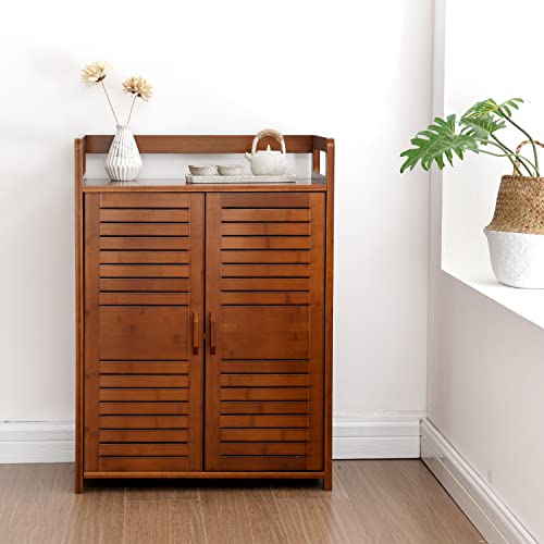Sobibo Bamboo Storage Cabinet With 2 Doors,Mid-Century Retro Sideboard, Freestanding Cupboard For Living Room, Kitchen, Office, Antique Brown,23.43"(L) X12.6(W) X32.28(H) #TOP1