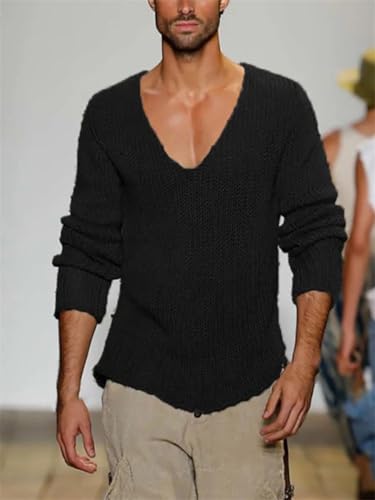 Mens Deep V Neck Pullover Long Sleeve Solid Knitted Sweater Casual Cotton Blend Business Jumper Top4