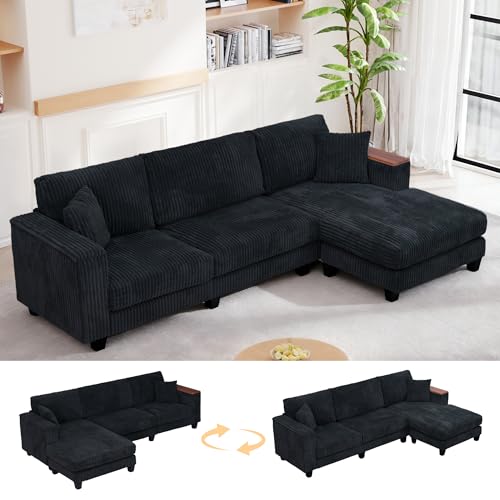 Image of 114 inch Cloud Sectional Couch with L-Shape Reversible Chaise, Modern Corduroy L Shaped Couch with 2 Pillows & Storage Armrests, 4 Seater Sectional Couches for Living Room, Plush Corduroy, Black