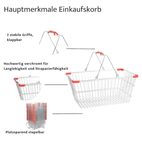 Einkaufskorb aus Metall 22 Liter, stabiler Handkorb mit Tragebügel, Gitterkorb Traglast 20 kg, Tragekorb Shopping-Basket H20 x B45 x T32 cm