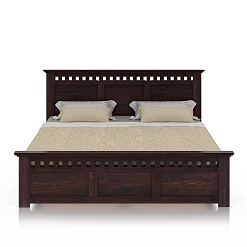 Image of STRATA FURNITURE Sheesham Wood Queen Size Bed Without Storage | Wooden Double Bed Cot Bed Furniture for Bedroom Living Room Home (Walnut Finish)