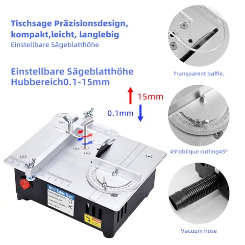 Mini Tischkreissäge, 7-Gang-Netzteil Einstellbarer Präzisions Table Saw mit 4 Klingen, 96W Tischkreissägen Tragbare 0,1-15mm Sägeblatt Höhenverstellbarer und Sicherheitsklappe für Holzbearbeitung