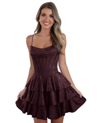 VGTYHDF Sparkly Sequin Homecoming Dress for Teens Tiered Spaghetti Strap Corset A Line Cowl Neck Short Cocktail Party Gowns Burgundy US2