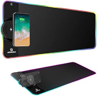 Wireless Charging RGB Gaming Mouse Mat 15W With Stand,31.5"X11.8" 10 Lighting Modes LED Mouse Mat Non-Slip Rubber Base Large Mousepad for Home&Office Support Qi Fast Charging for Mobile Phone(Black)