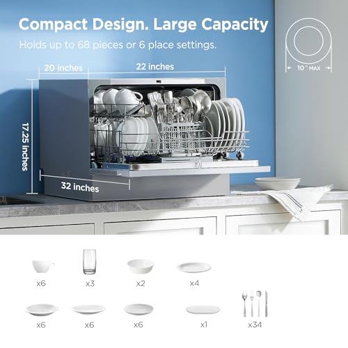 Midea MDC22P2ASS Portable Countertop Dishwasher, 6 Place Settings & 6+2 Washing Cycles Dishwashers, Energy Star Dish Washer for Dorm, RV & Apartment, 20