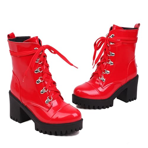 Betastella Lug Sole Platform Ankle Boots Lace Up Chunky Heeled Combat Boots Patent Leather Side Zip Booties 6