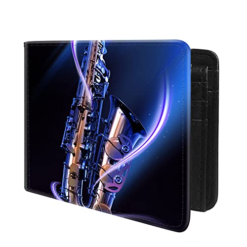 (Saxophone Front Pocket Slim Bifold Leather Wallet RFID Blocking with ID Window for Men