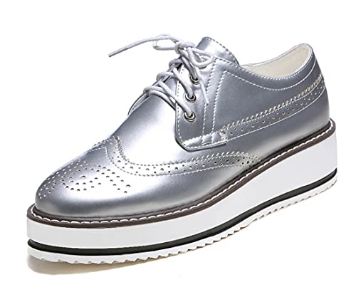 Women's Platform Lace Up Patent Leather Wingtips Round Toe Casual Oxford Shoes Brogues(Us8.5,Silver) #TOP1