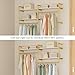 EDCB Industrial Pipe Clothing Rack Wall Mounted - Heavy Duty 2-Tier Closet Organizer with Wood Shelves & Dual Hanging Rods for Bedroom/Retail Store, Gold