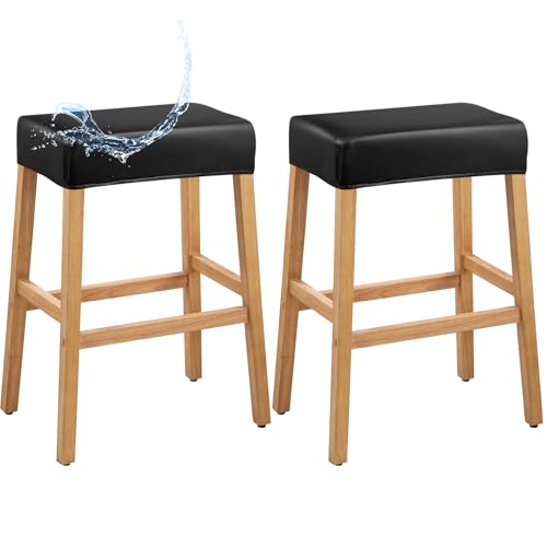 Image of PU Leather Bar Stool Covers Rectangular, 100% Waterproof Stool Covers Rectangle Super Stretch 20% Thicker Leather Saddle Stools Cover Rectangular Counter Bar Stools with Elastic Band (2 PCS, Black)