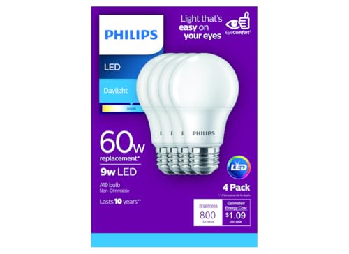 Philips 461137 8W=60W LED Daylight A19 Bulb 4Pk