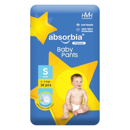 Image of Absorbia Baby Pant Diaper Small (S) 3-8 kg, 38s x Pack of 1 | Up to 12Hrs Protection | Cottony Soft Comfort for Sensitive Skin | Wetness Indicator | High Absorbancy | Wider pee distribution