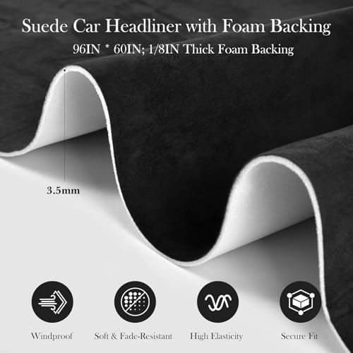 Garifon Suede Headliner Fabric, 96" L×60" W Black Car Headliner Material, Tela para Tapizar Techo de Auto, Suede Wrap Car Interior, Auto Head Liner for Truck, Foam Backed Automotive Headliner Fabric by Garifon - Used condition - Image 2