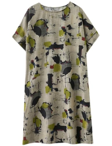 Image of LUZU JUNU Women's Summer Baggy Plus Size Loose Cotton Linen Long Boho Beach Dress with Pockets