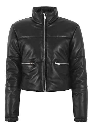 Veste bouffante en cuir femme courte noire rembourrée pour l'hiver