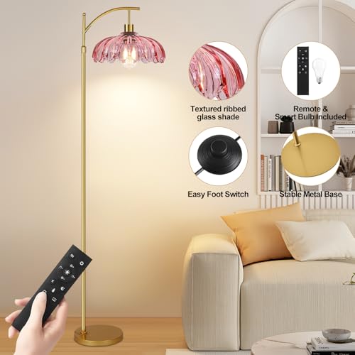 Image of QIYIZM Pink Floor Lamp for Living Room,Bedroom,Gold Dimmable Standing Lamp with Remote,Mid Century Modern Brass Tall Lamp Boho Floor Lamps Arc Stained Glass Flower Floor Light Lamp Girls kids Bohemian